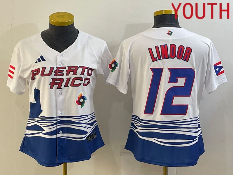 Youth 2023 World Cub Puerto Rico 12 Lindor White MLB Jersey3